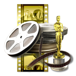 icons of the movie industry: award, film reels, and film negatives