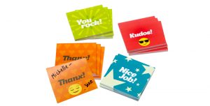 mini sticky notes with messages that say, You Rock, Kudos, Nice Job, and Thanx