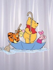 Pooh, Tigger, and Roo paddling in an upside down umbrella