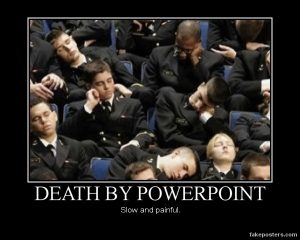 Poster. Image shows sleeping cadets. Titled: Death by PowerPoint