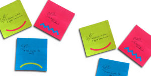 Sad - Mad - Glad sticky notes for debriefing