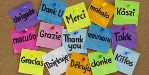 corkboard with bunch of sticky notes that say "thank you" in many languages