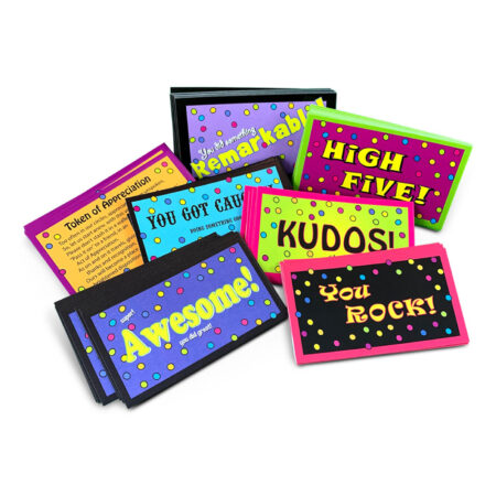 set of 70 Kudos cards -- kudos, high five, you rock, awesome, You got caught, token of appreciation, remarkable.
