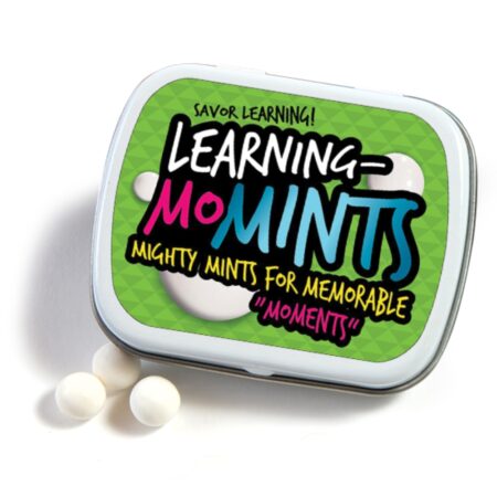 Container of Learning Mo-Mints with a few mints off to the side