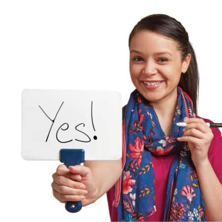 Woman holding a whiteboard on a handle